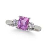 A PINK SAPPHIRE AND DIAMOND THREE STONE RING, IN PLATINUM.