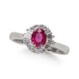 A RUBY AND DIAMOND CLUSTER RING, IN PLATINUM.