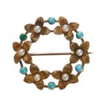 AN ANTIQUE VICTORIAN PEARL AND TURQUOISE BROOCH, IN YELLOW GOLD.