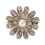 AN ANTIQUE VICTORIAN PEARL AND DIAMOND FLOWER BROOCH, IN YELLOW GOLD AND SILVER.
