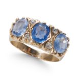 A SAPPHIRE AND DIAMOND SEVEN STONE RING, IN YELLOW GOLD.