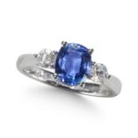 A TANZANITE AND DIAMOND THREE STONE RING, IN PLATINUM.