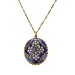 A BLUE ENAMEL, DIAMOND AND PEARL LOCKET ON A 9CT YELLOW GOLD CHAIN.