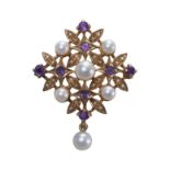 AN ANTIQUE VICTORIAN PEARL AND AMETHYST BROOCH, IN 9CT YELLOW GOLD.