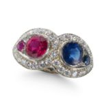 A VINTAGE DIAMOND RING, SET WITH SYNTHETIC RUBIES AND SAPPHIRES, IN WHITE GOLD.