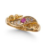 AN ANTIQUE EDWARDIAN RUBY AND DIAMOND RING, IN 18CT YELLOW GOLD.