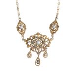 A FRENCH STYLE PEARL AND ROSE CUT DIAMOND NECKLACE, IN HIGH CARAT YELLOW GOLD AND SILVER.
