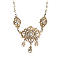 A FRENCH STYLE PEARL AND ROSE CUT DIAMOND NECKLACE, IN HIGH CARAT YELLOW GOLD AND SILVER.