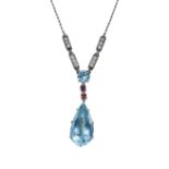 A PEAR CUT AQUAMARINE, RUBY AND DIAMOND NECKLACE, IN WHITE GOLD.
