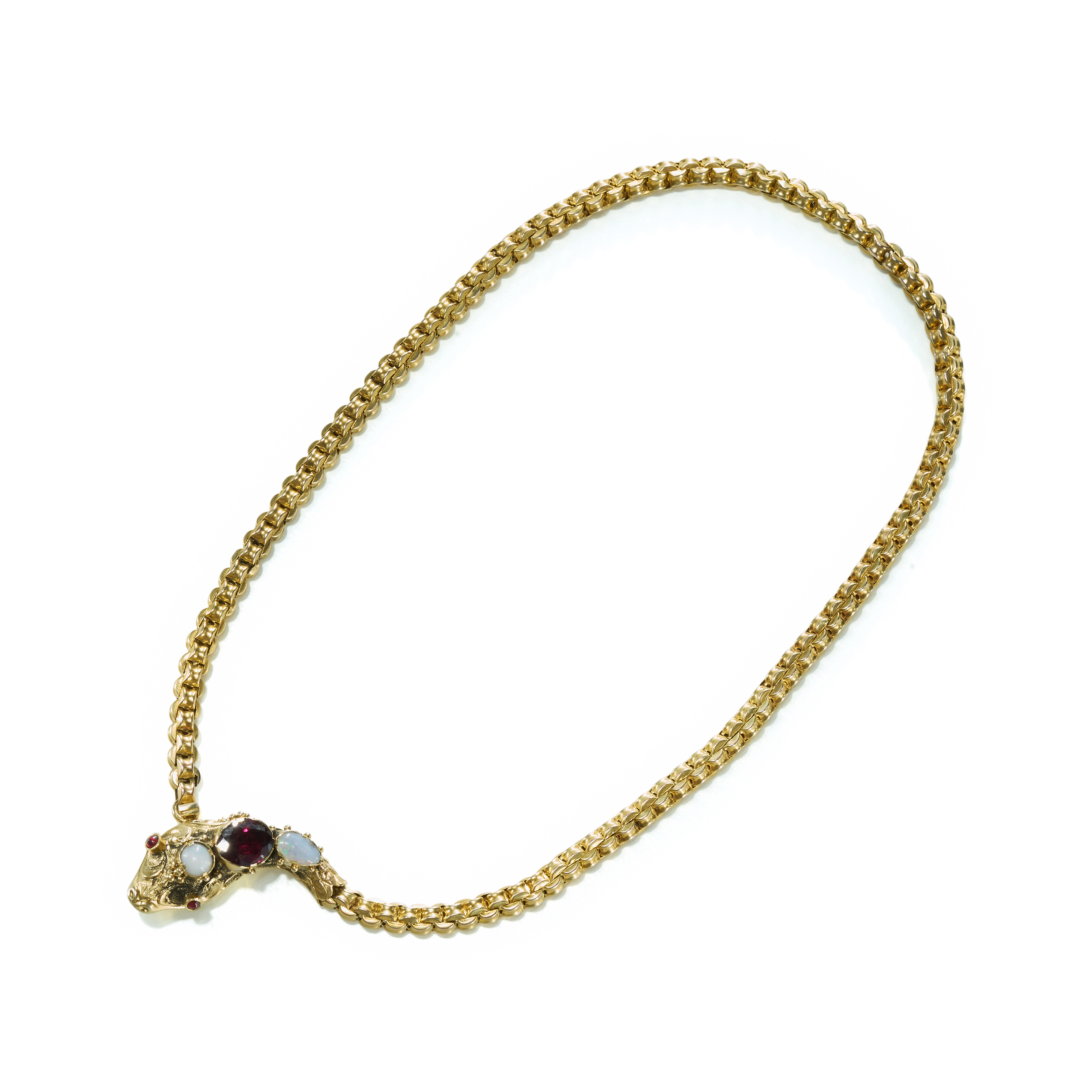 AN ANTIQUE EDWARDIAN GARNET AND OPAL SNAKE NECKLACE, IN YELLOW GOLD.