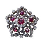 AN ANTIQUE VICTORIAN RUBY AND DIAMOND FLORAL BROOCH PENDANT.