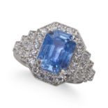 A 5.98CT CEYLON NO HEAT SAPPHIRE AND DIAMOND CLUSTER RING, IN PLATINUM.