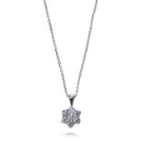 A DIAMOND FLOWER CLUSTER PENDANT AND 18" CHAIN, IN 18CT WHITE GOLD.