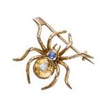 A VINTAGE CITRINE AND SAPPHIRE SPIDER BROOCH, IN YELLOW GOLD.