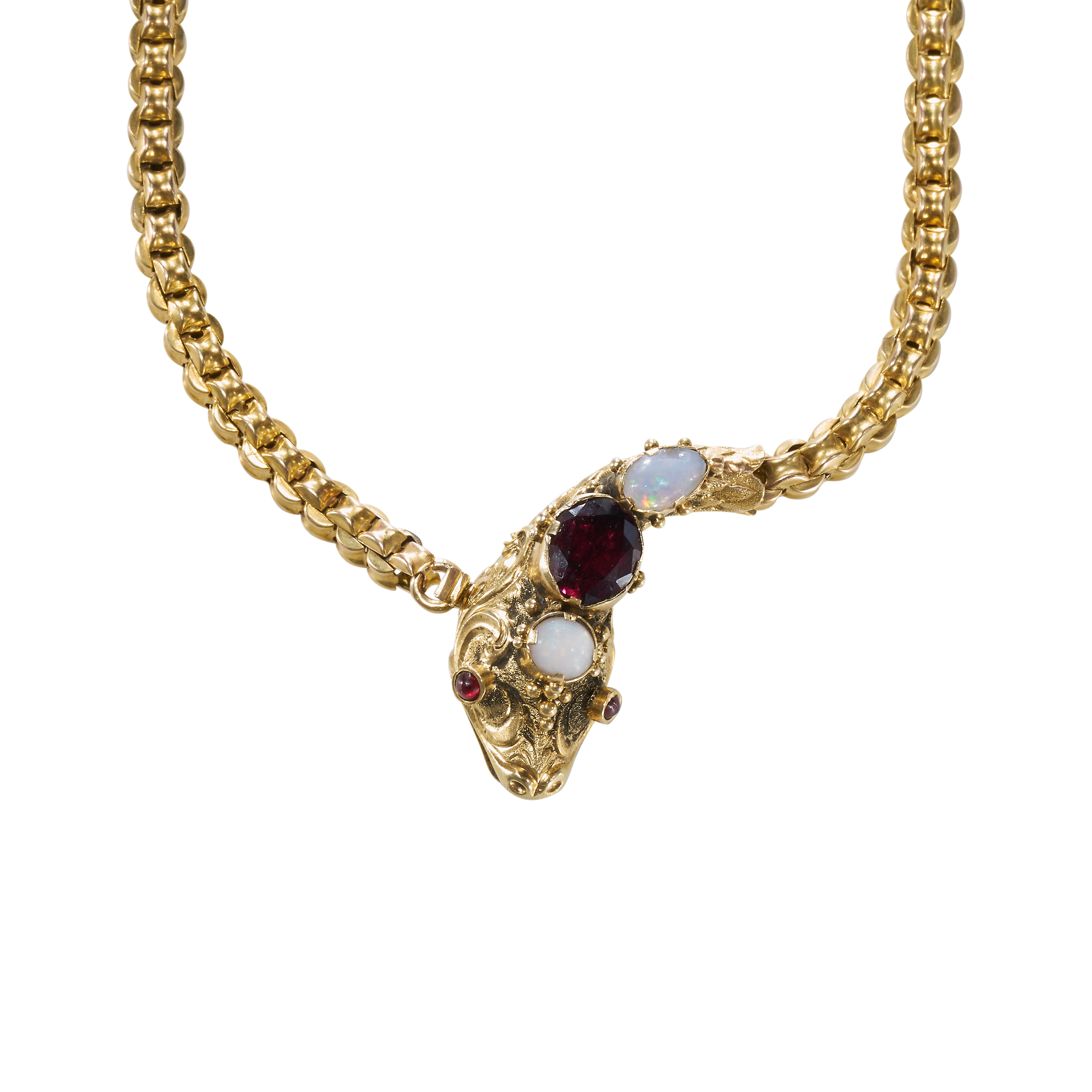 AN ANTIQUE EDWARDIAN GARNET AND OPAL SNAKE NECKLACE, IN YELLOW GOLD. - Image 2 of 2