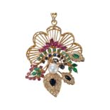 A RUBY, EMERALD, SAPPHIRE, DIAMOND AND PEARL PENDANT, IN YELLOW GOLD.