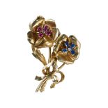 WOLFERS FRÈRES, A VINTAGE RUBY, SAPPHIRE AND DIAMOND FLOWER BROOCH, IN 18CT YELLOW GOLD.