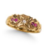 AN ANTIQUE EDWARDIAN RUBY AND DIAMOND RING, 18CT YELLOW GOLD.