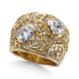 A VINTAGE TWO ROSE CUT AND SMALL ROUNC CUT DIAMOND BOMBAY RING, IN 18CT YELLOW GOLD.