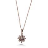 A DIAMOND FLOWER CLUSTER PENDANT WITH 18" CHAIN, IN 18CT ROSE GOLD.