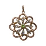 AN ANTIQUE VICTORIAN PERIDOT AND PEARL PENDANT, IN ROSE GOLD.