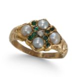 AN EMERALD, PEARL AND ROSE CUT DIAMOND RING, IN YELLOW GOLD.
