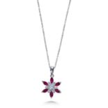 A RUBY AND DIAMOND FLOWER PENDANT AND 18" CHAIN, IN 18CT WHITE GOLD.