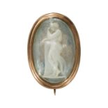 AN ANTIQUE VICTORIAN GLASS SHELL CAMEO BROOCH, IN ROSE GOLD.