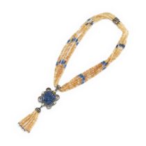 A CARVED SAPPHIRE, DIAMOND AND OPAL WITH SAPPHIRE AND OPAL BEADS NECKLACE.