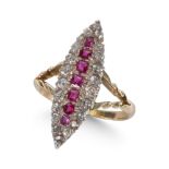 A NAVETTE SHAPE DIAMOND AND RUBY CLUSTER RING, IN YELLOW AND WHITE GOLD.