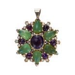 AN AMETHYST, CHRYSOPRASE, DIAMOND AND PEARL PENDANT BROOCH, IN YELLOW GOLD.