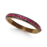 A RUBY AND DIAMOND HINGED BANGLE, IN YELLOW METAL.