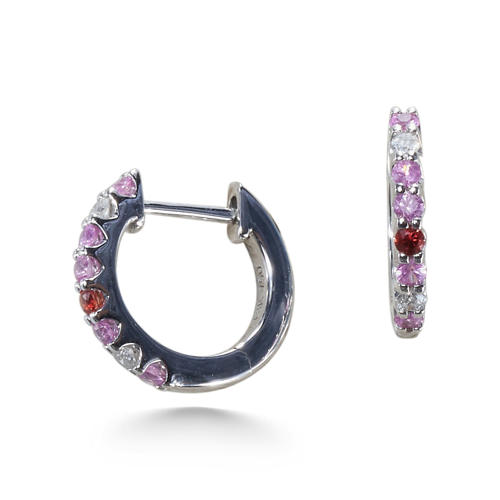 A PINK SAPPHIRE, RUBY AND DIAMOND HOOP EARRINGS, IN 18CT WHITE GOLD. - Image 2 of 2