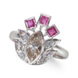A MARQUISE DIAMOND AND RUBY CLUSTER RING, IN 18CT WHITE GOLD.