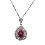 A CABOCHON RUBY AND DIAMOND PENDANT WITH 18" CHAIN, IN 18CT WHITE GOLD.