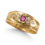 AN ANTIQUE VICTORIAN RUBY AND DIAMOND SEVEN STONE RING, IN 18CT YELLOW GOLD.