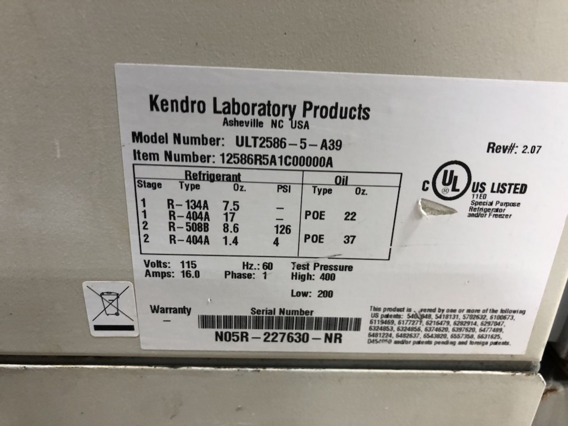 REVCO KENDRO LABORATORY PRODUCTS INSULATED FREEZER MODEL: ULT2586-5-A39; ITEM#: 12586R5A1C00000A; - Image 11 of 11