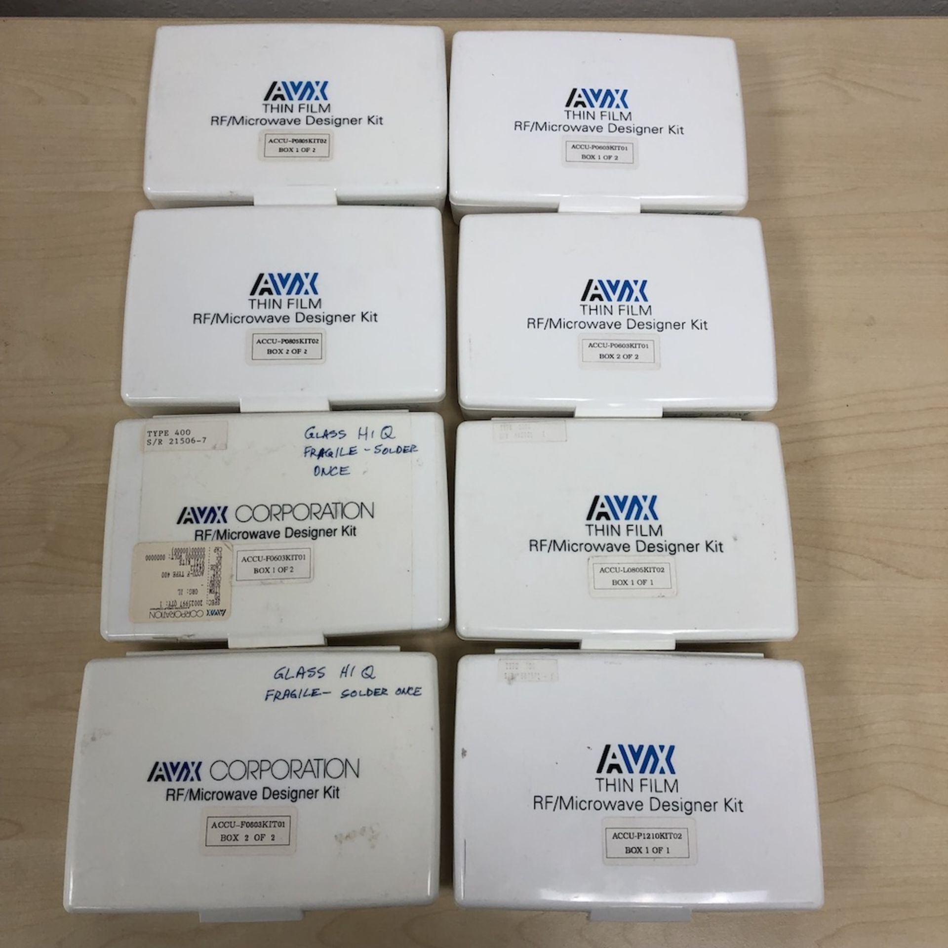 QTY OF 8 ITEMS: AVX ACCU-P0805KIT02 THIN FILM RF/MICROWAVE DESIGNER KIT BOX 1 OF 2 AND BOX 2 OF 2 w/