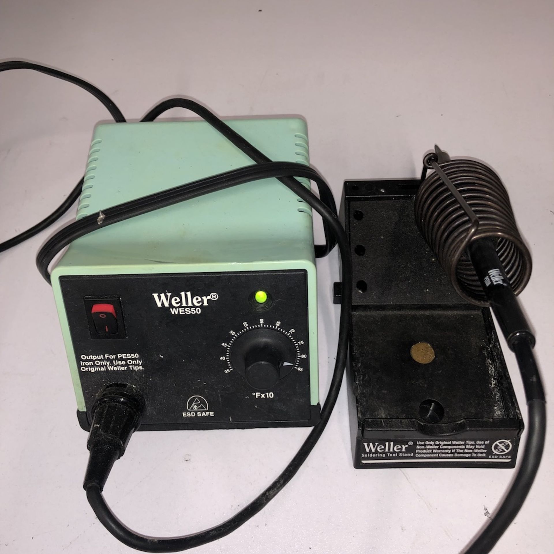 QTY OF 3 ITEMS: WELLER WES50 SOLDERING STATION w/ WELLER SOLDERING WAND STAND w/ WELLER PES50 WAND