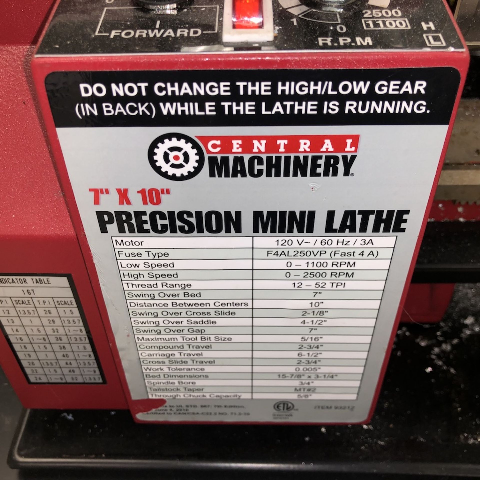 CENTRAL MACHINERY BENCHTOP 7"" x 10"" PRECISION MINI LATHE - Image 4 of 12