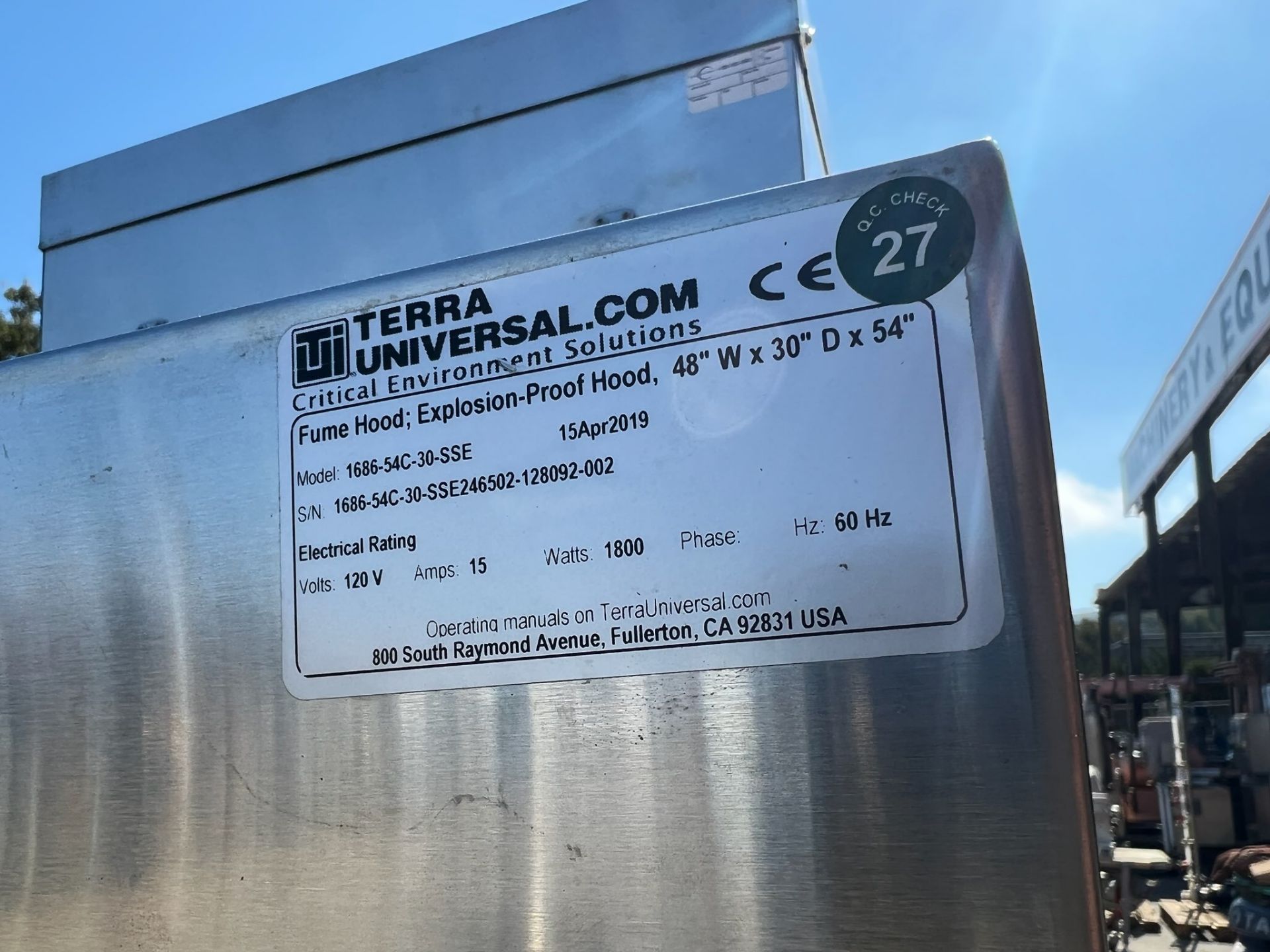 TERRA UNIVERSAL (TUI) CRITICAL ENVIRONMENT SOLUTIONS EXPLOSION PROOF FUME HOOD. STAINLESS STEEL - Image 7 of 9