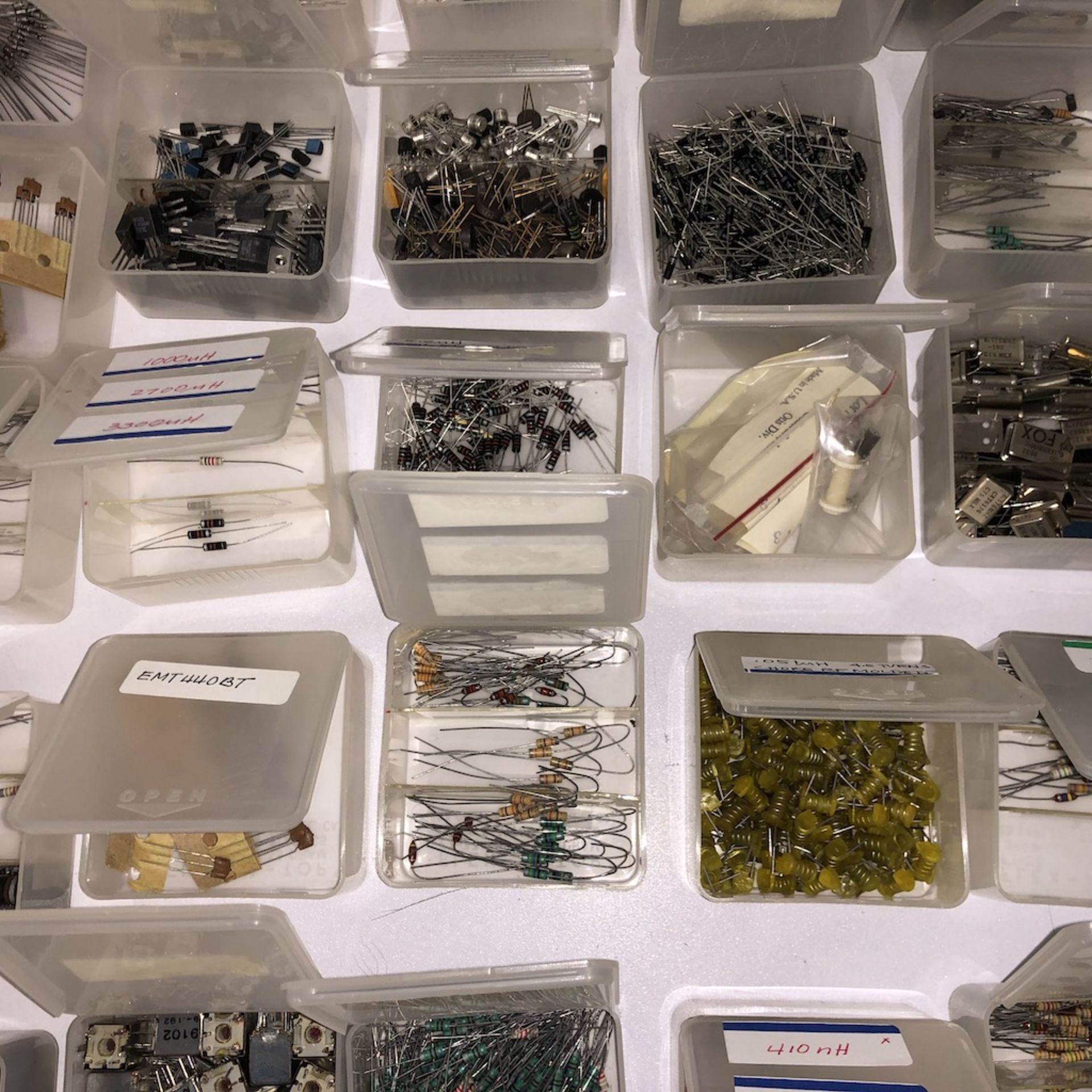 QTY OF 84 CONTAINERS: RESISTORS, TRANSISTORS, COILS, ECT. - Image 10 of 18