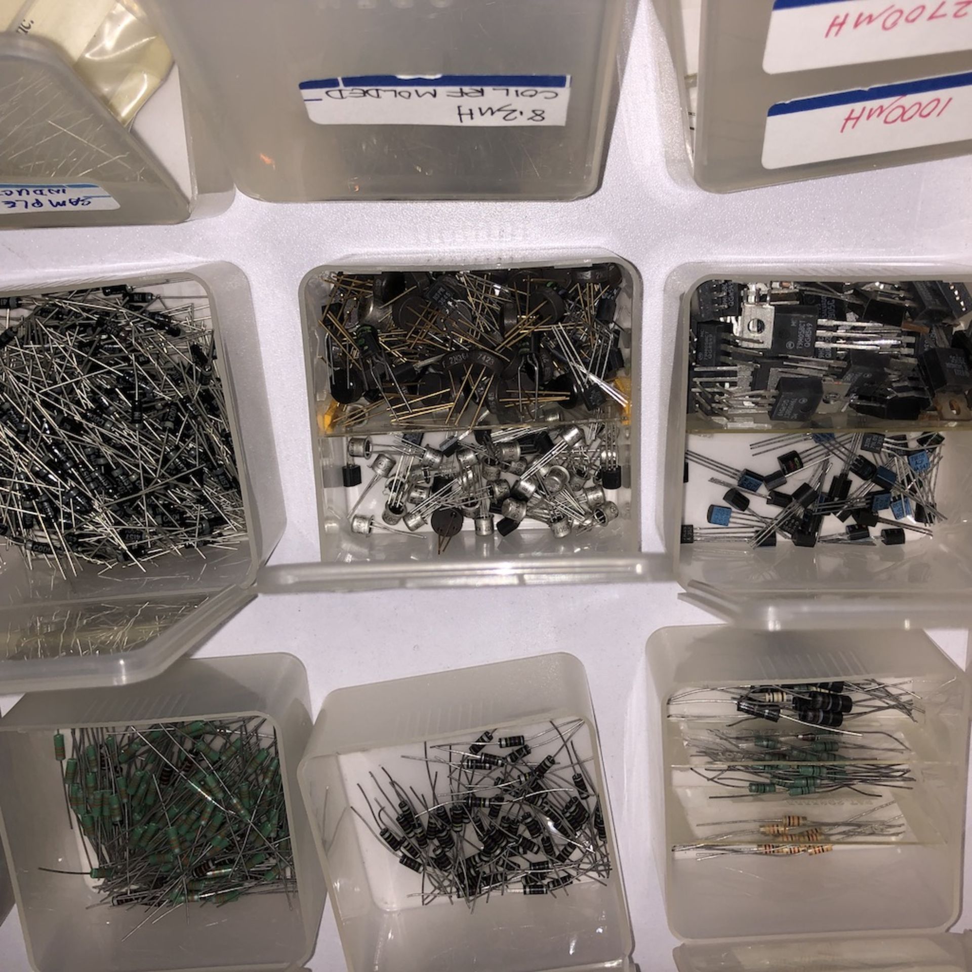 QTY OF 84 CONTAINERS: RESISTORS, TRANSISTORS, COILS, ECT. - Image 18 of 18