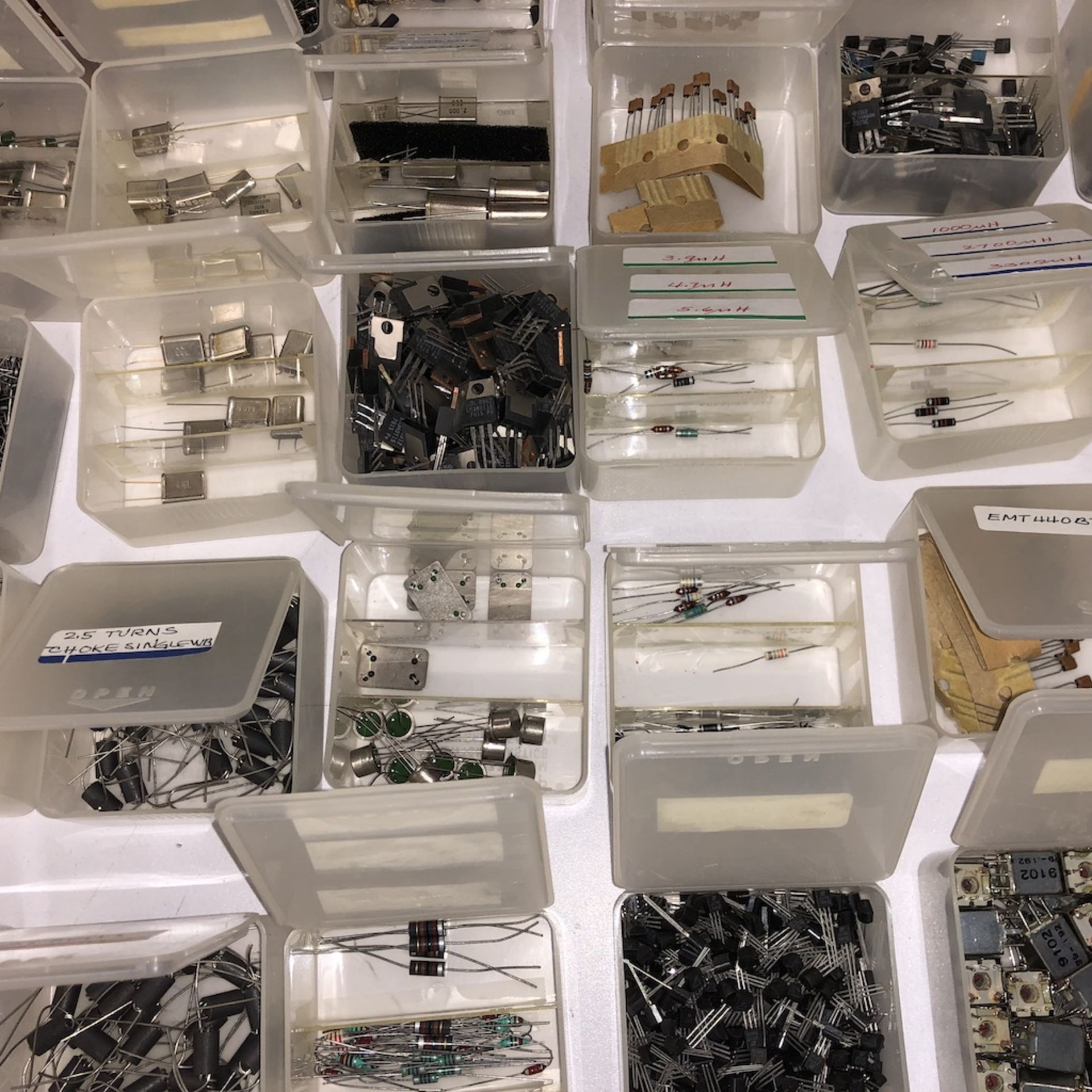 QTY OF 84 CONTAINERS: RESISTORS, TRANSISTORS, COILS, ECT. - Image 7 of 18