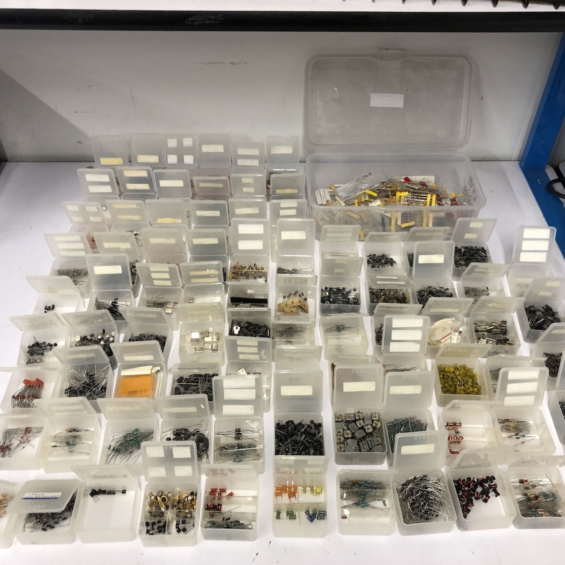 QTY OF 84 CONTAINERS: RESISTORS, TRANSISTORS, COILS, ECT.