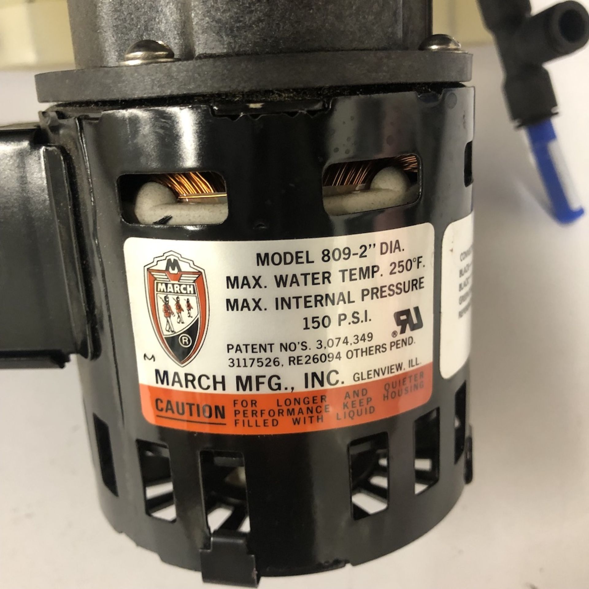 UNIT: MARCH MFG INC. 809-064-11 2" DIA PUMP MAX WATER TEMP: 250_ MAX INTERNAL PRESSURE: 150 PSI, - Image 4 of 9