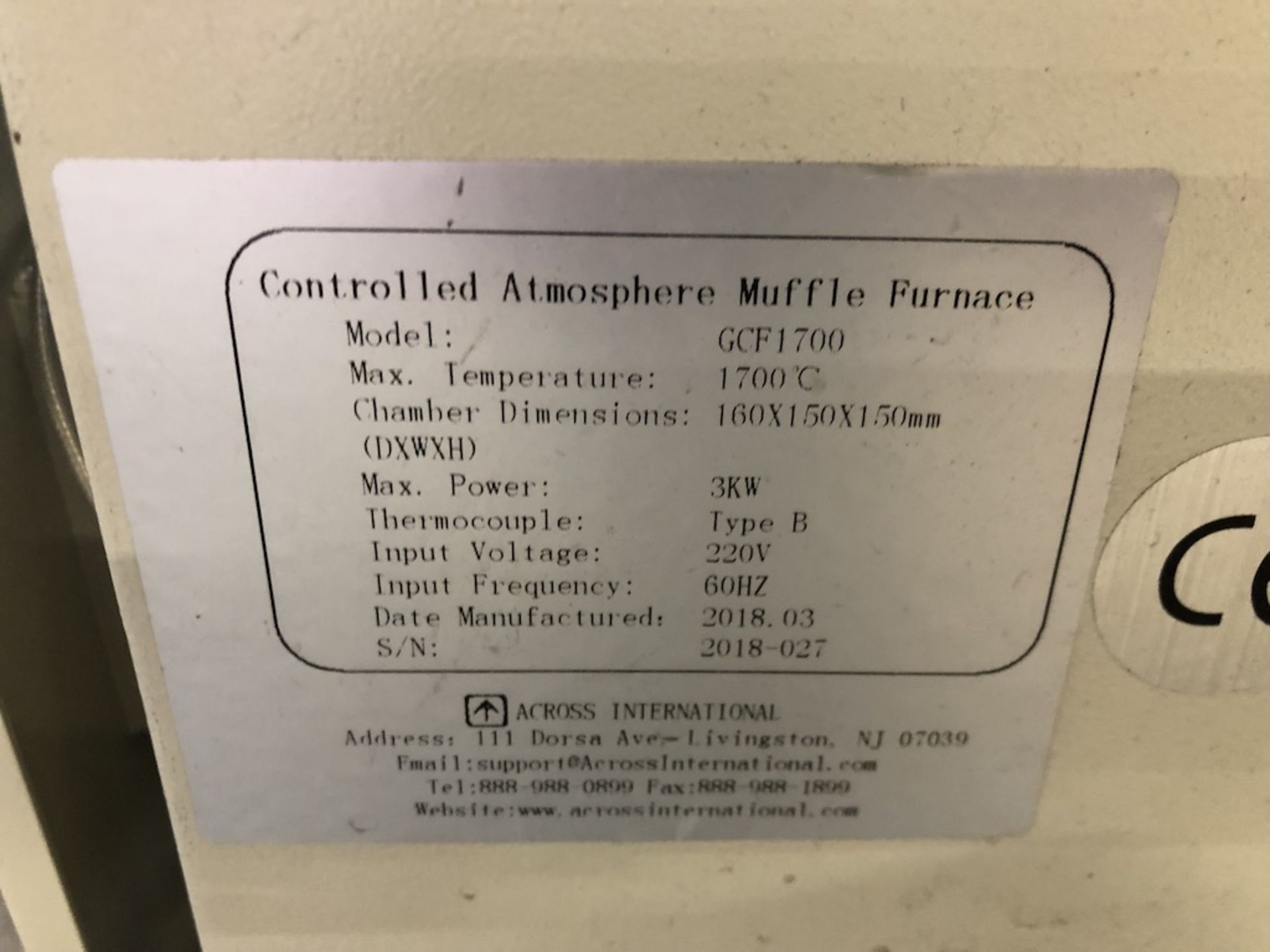 ACROSS INTERNATIONAL GCF1700 CONTROLLED ATMOSPHERE MUFFLE FURNACE MAX TEMP: 1700 _, Chamber - Image 15 of 15