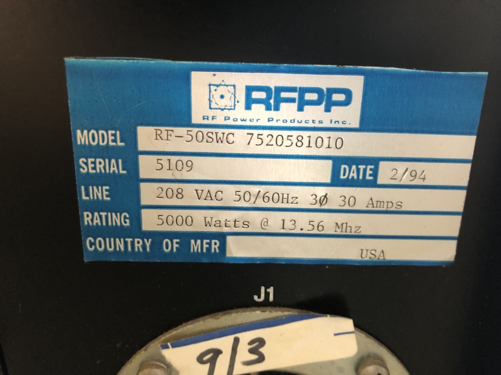 RF POWER PRODUCTS RF-50SWC POWER SUPPLY 208VAC, 50/60Hz, 30A 5109 - Image 8 of 8