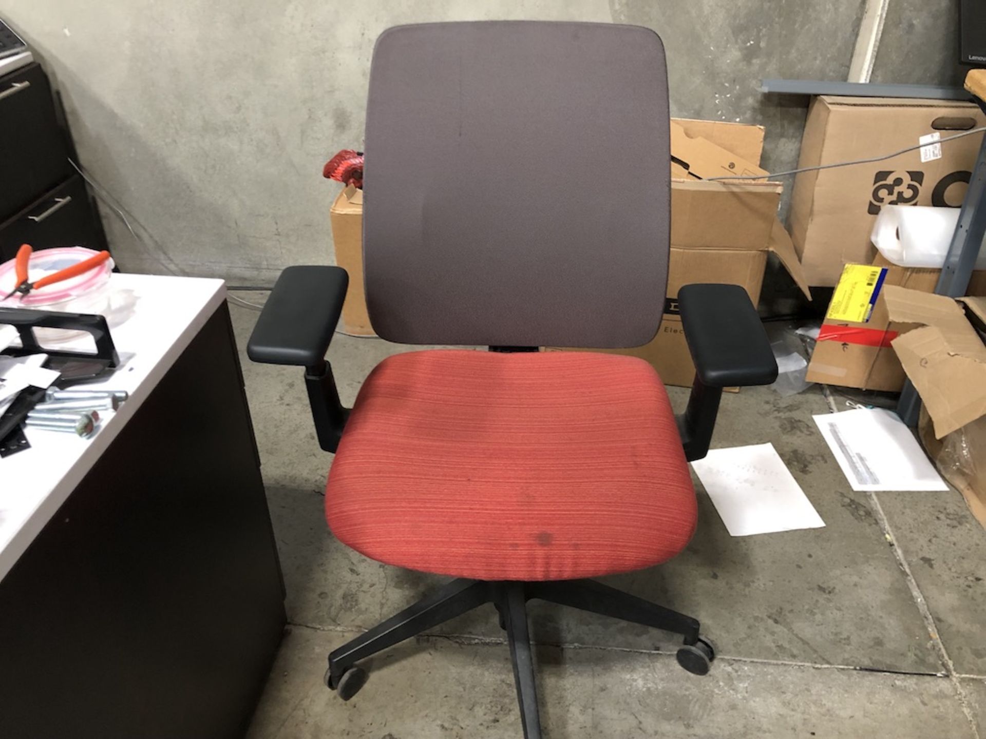 5 CASTER ORANGE CUSHION PADDED OFFICE CHAIR W/ PADDED ARM RESTS   SCHNEIDER ELECTRIC- 6611 PRESTON