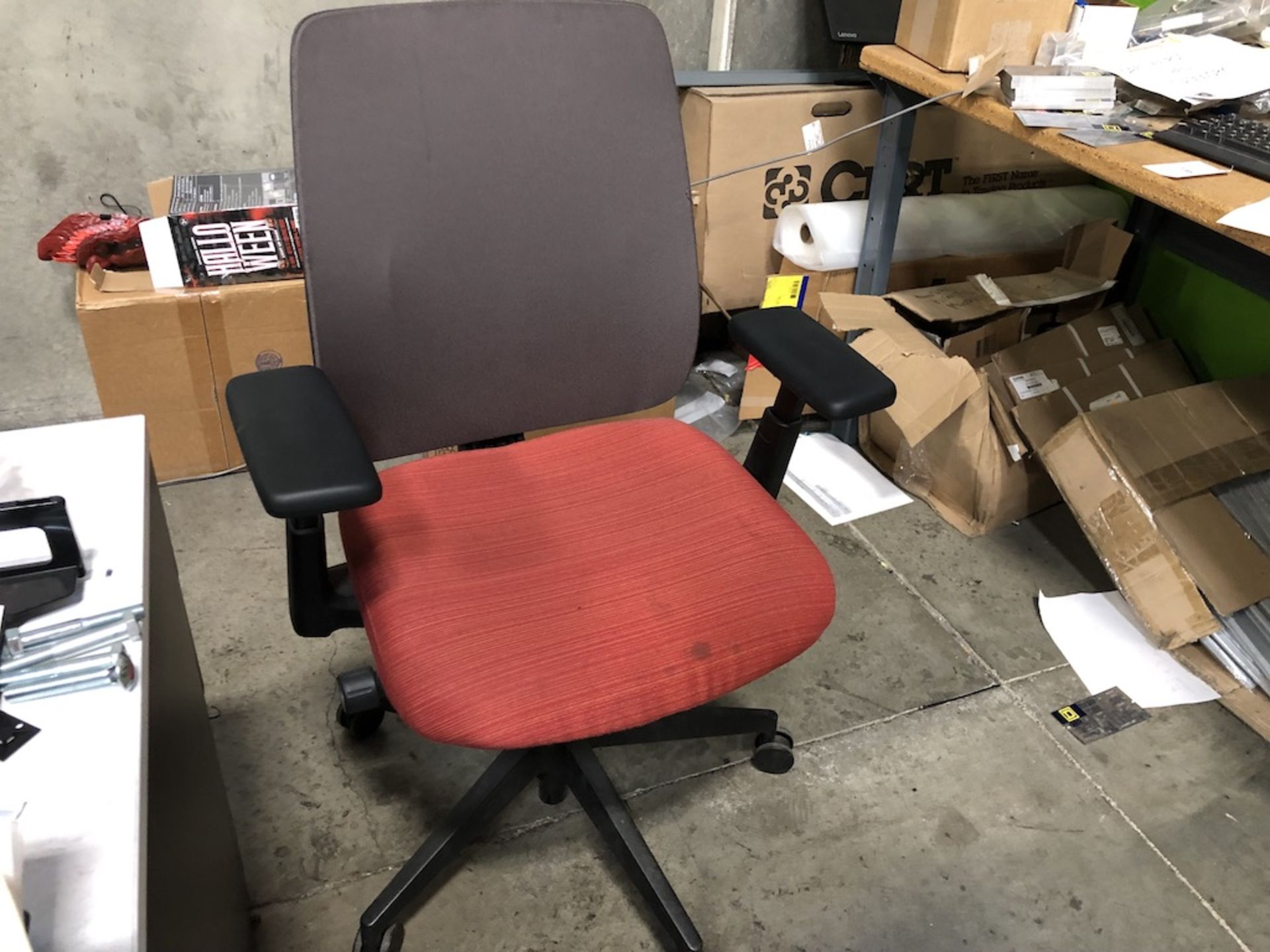 5 CASTER ORANGE CUSHION PADDED OFFICE CHAIR W/ PADDED ARM RESTS   SCHNEIDER ELECTRIC- 6611 PRESTON - Image 2 of 3